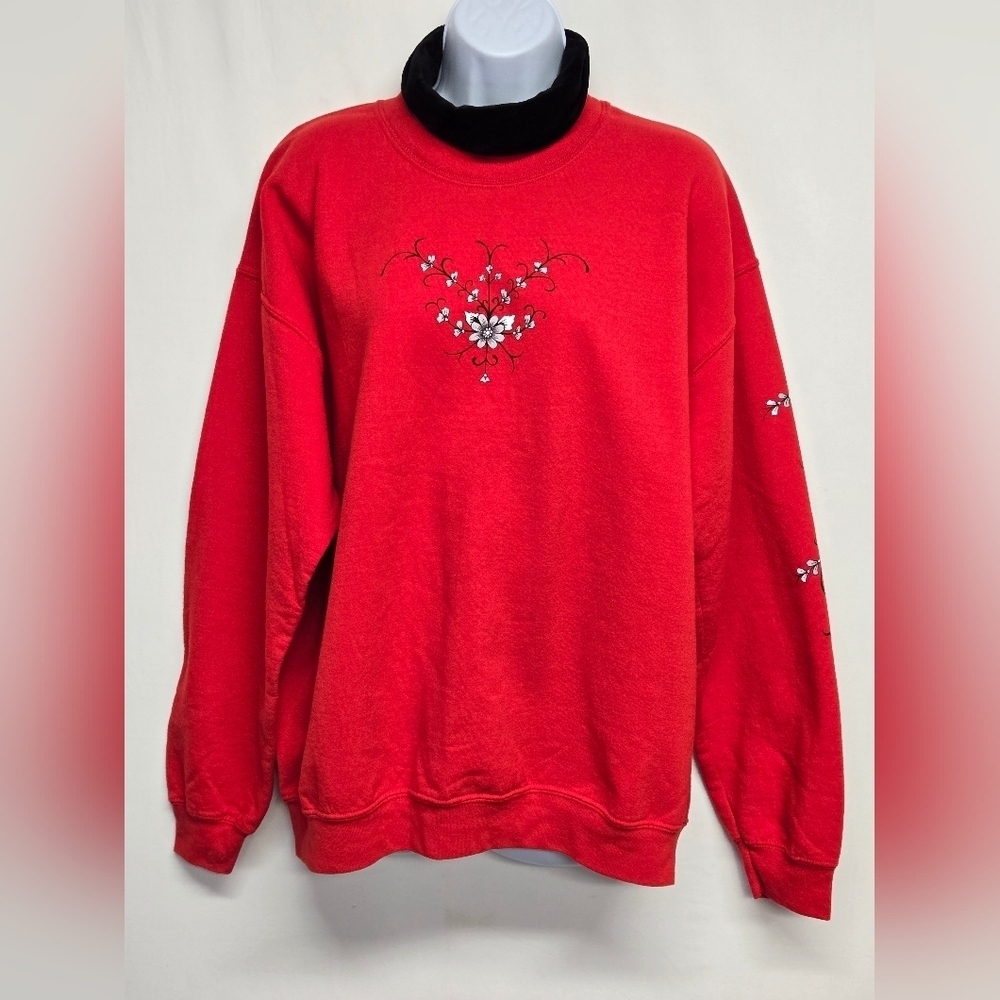 PFI Red Floral Turtleneck Sweater Sweatshirt L Velour Neck